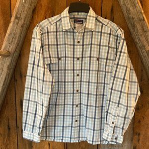 PATAGONIA Mens Long Sleeve Island Hopper Blue Plaid Shirt, Medium